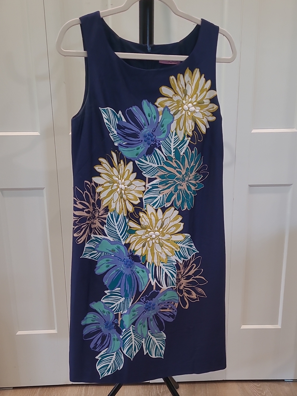 Eliza J Navy Floral Midi Sheath Dress with Teal & Yellow Blooms